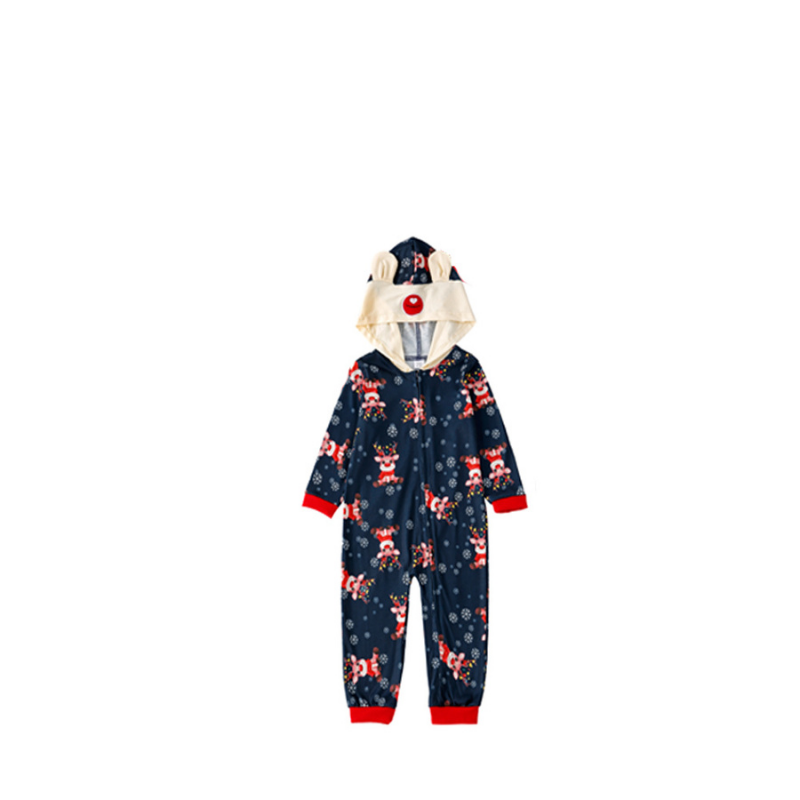 Christmas print hooded one-piece pajamas set (with Pet Dog Clothes)