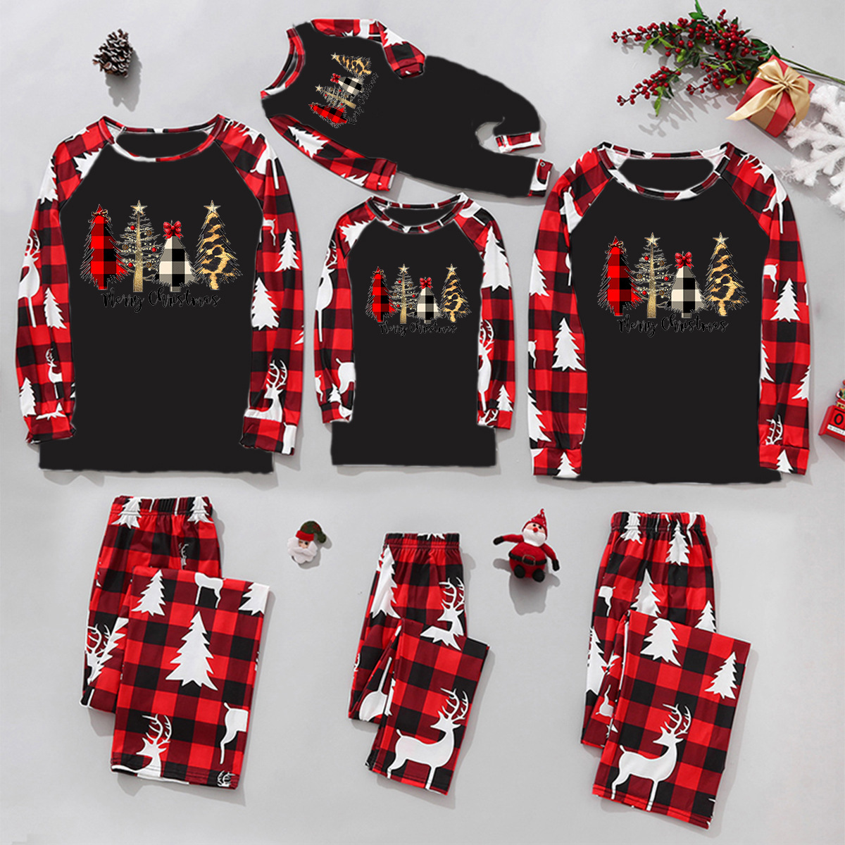 Four Christmas Tree Printed Family Wear Parent-child Homewear-Black Background