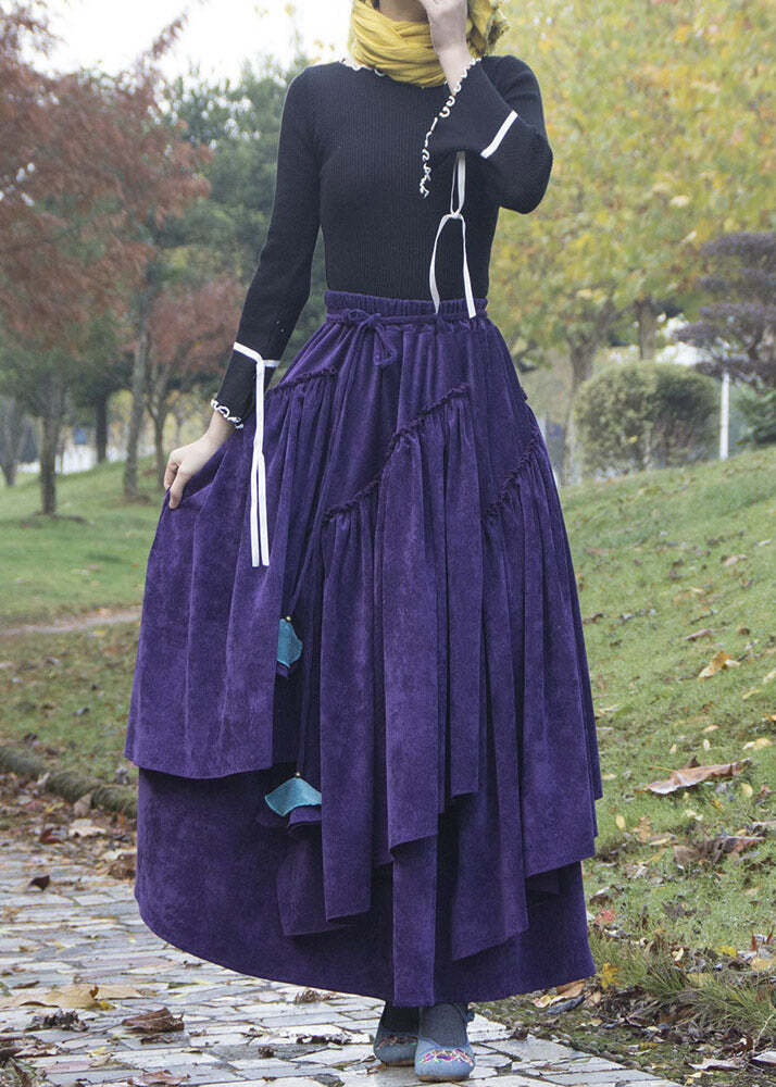 Boho Purple Wrinkled Asymmetrical Patchwork Corduroy Skirts Fall