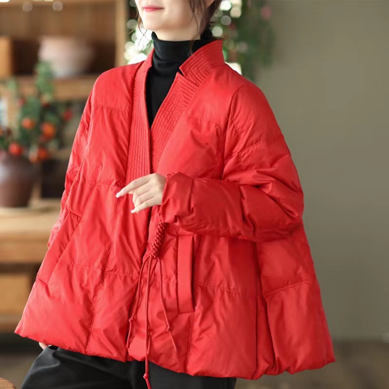 Style Red V Neck Oversized Oriental Button Duck Down Puffer Coat Winter