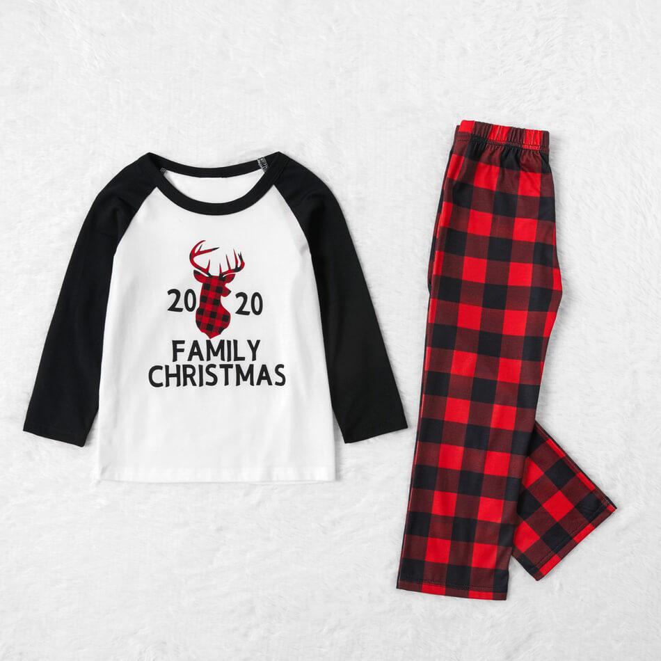 Family Matching Christmas Letter Print Buffalo Plaid Reindeer Pajamas Sets(with Pet Dog Clothes)