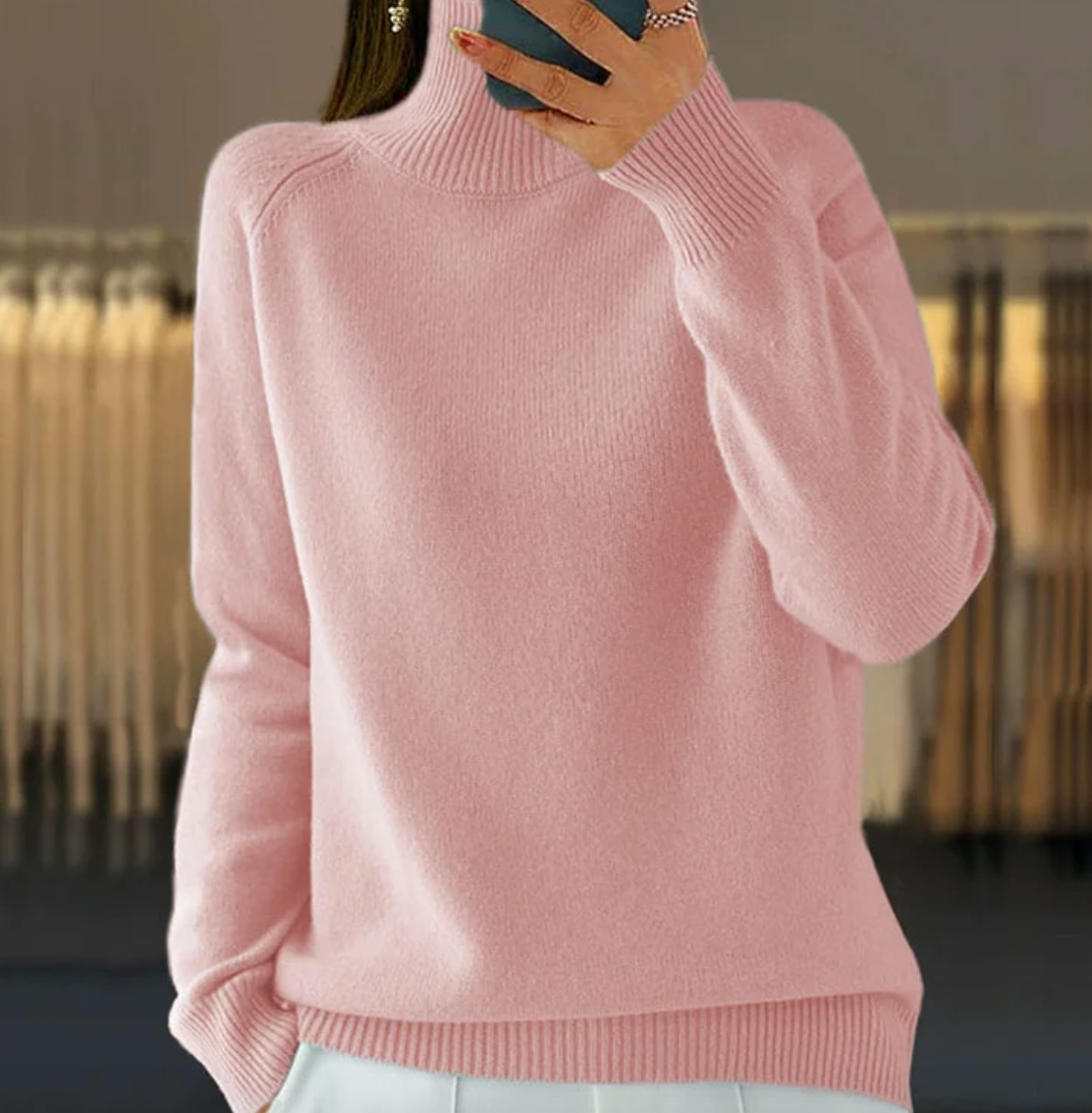 Pink Plain High Neck Sweater