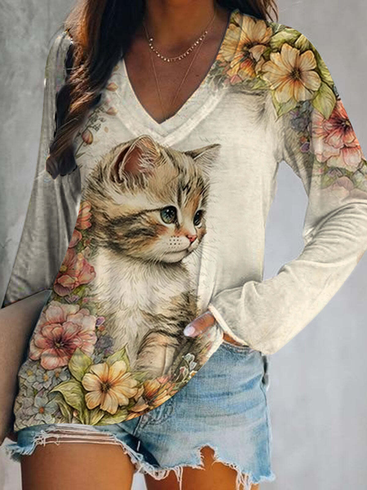 Retro Kitty Cat Floral Print V-Neck Long Sleeve Top - Hineres