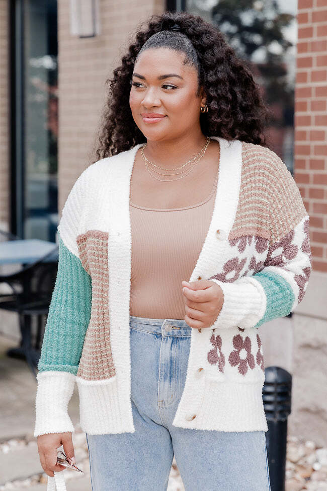 All Up To You Brown And Green Fuzzy Colorblock Cardigan