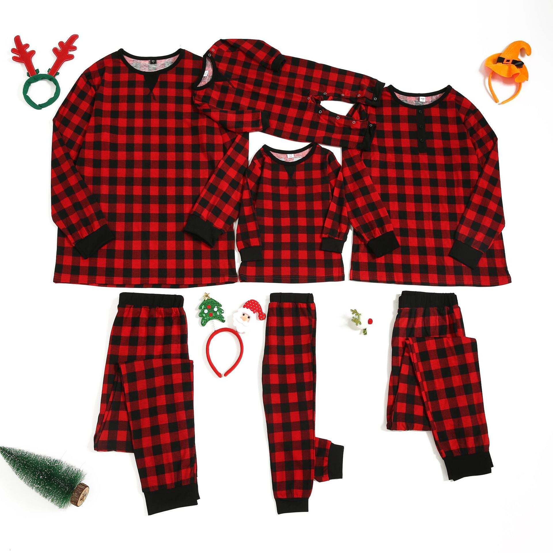 Christmas Black-Red Plaid Family Matching Pajamas Set  (with Pet Dog Clothes)