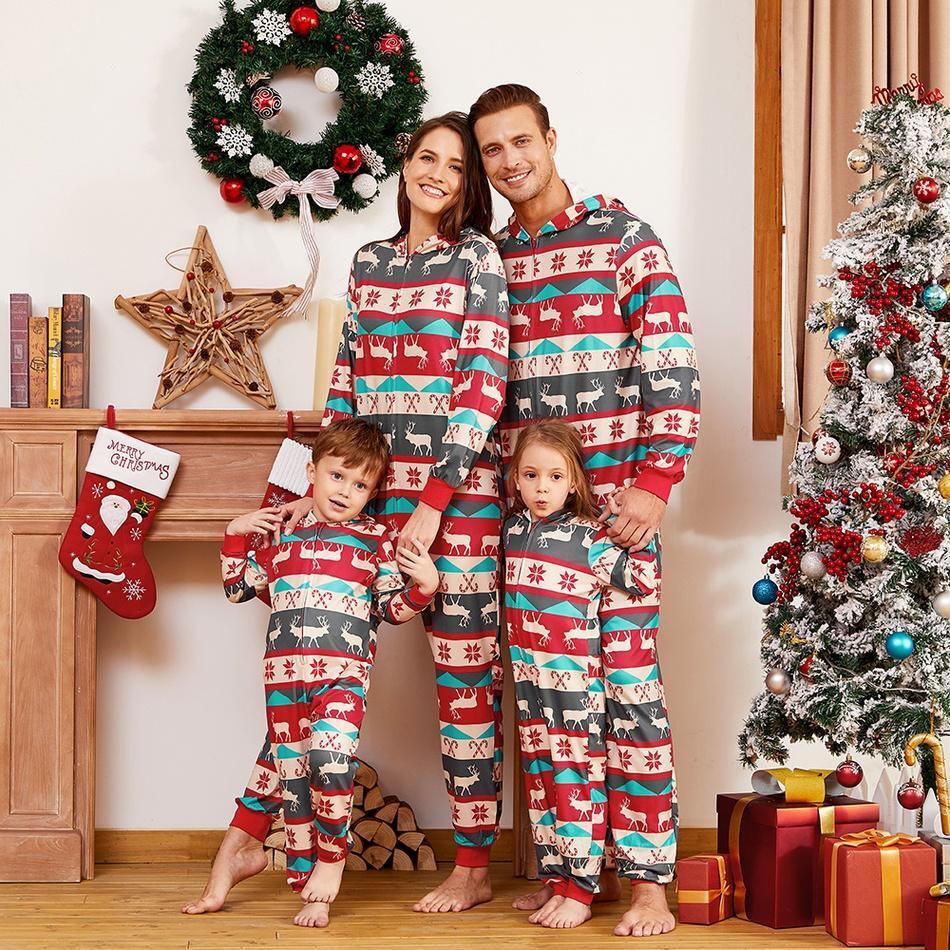 Christmas Reindeer and Snowflake Patterned Hooded Family Matching Onesie hot