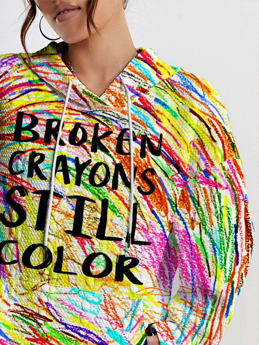 Women's Mental Health Awareness Broken Crayons Still Color Encourage Print Casual Knit Sweatshirt
